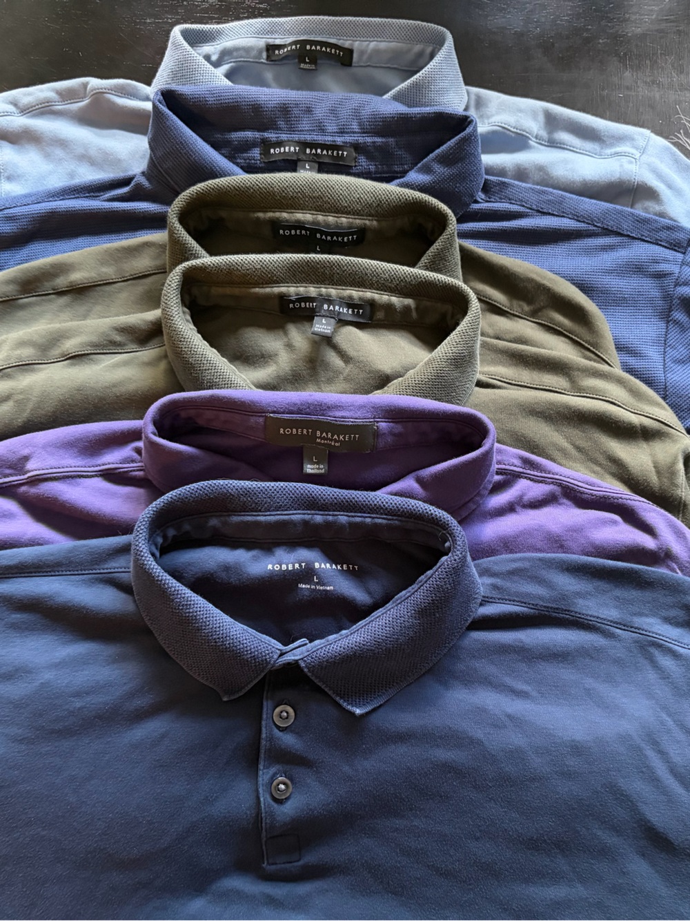 Men's Robert Barakett Polo Shirt Bundle Blue, Purple, Olive. All Large (L)